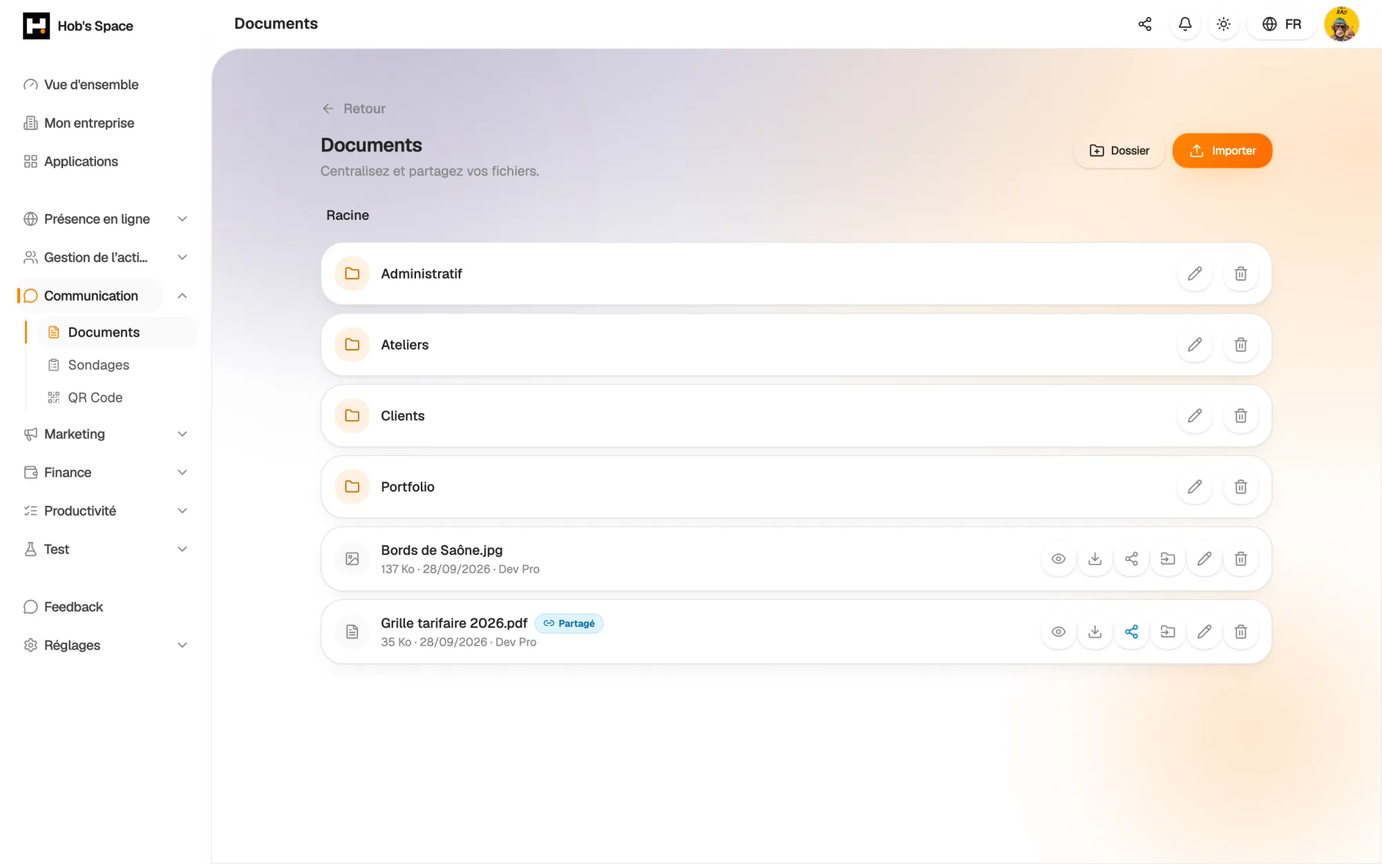 Your folders and files, with their size and upload date