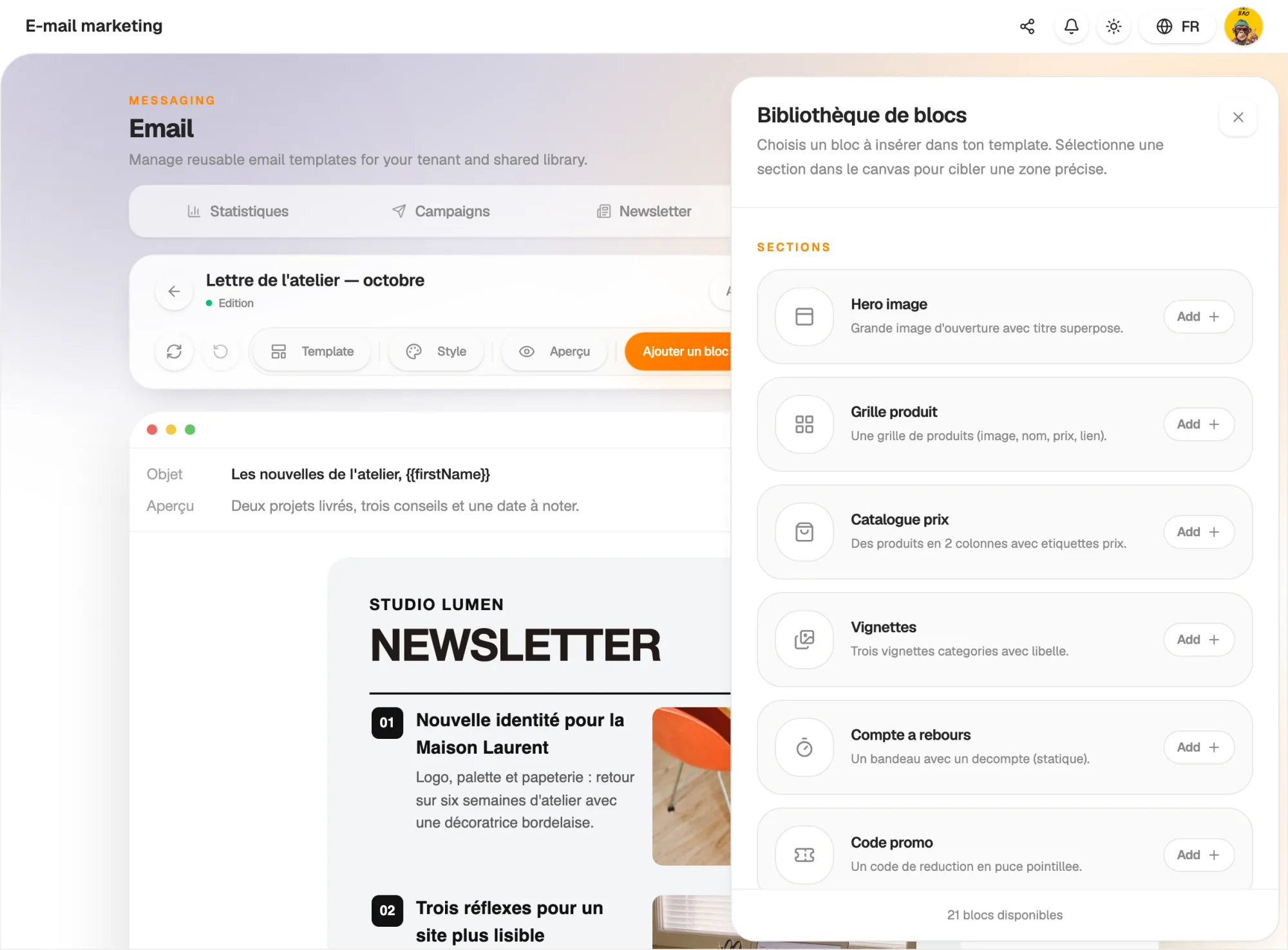 A block editor designed for email