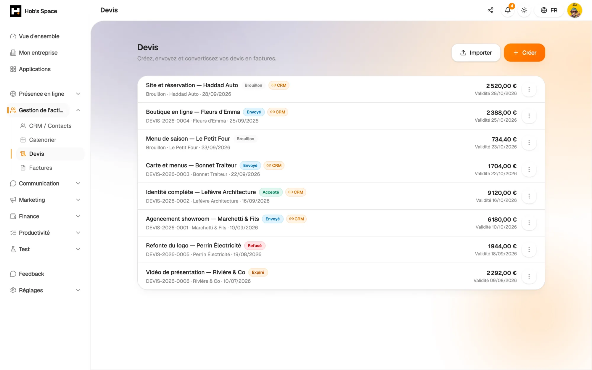 Your quotes, their status and their client at a glance