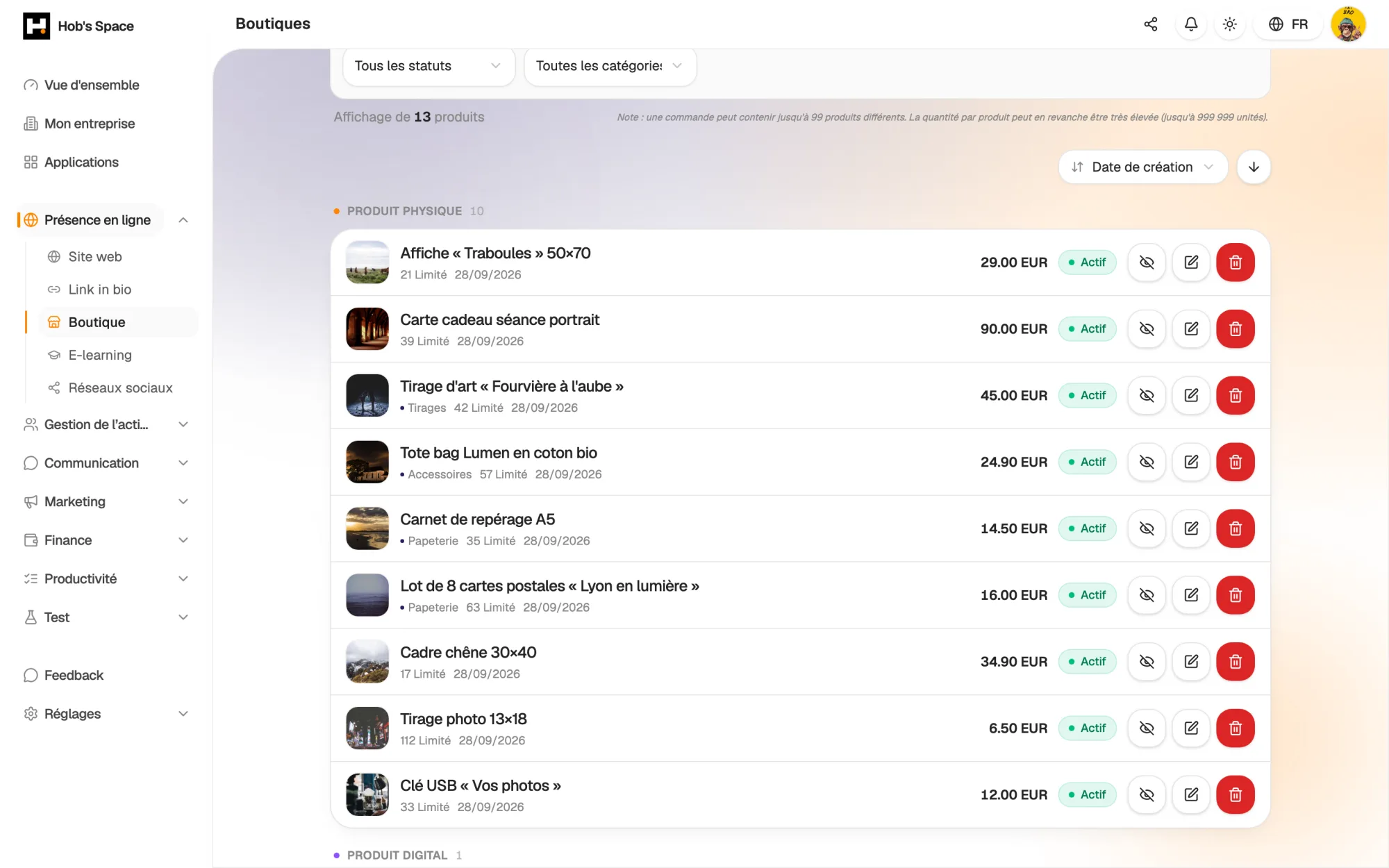 Your products sorted by type, ready to sell
