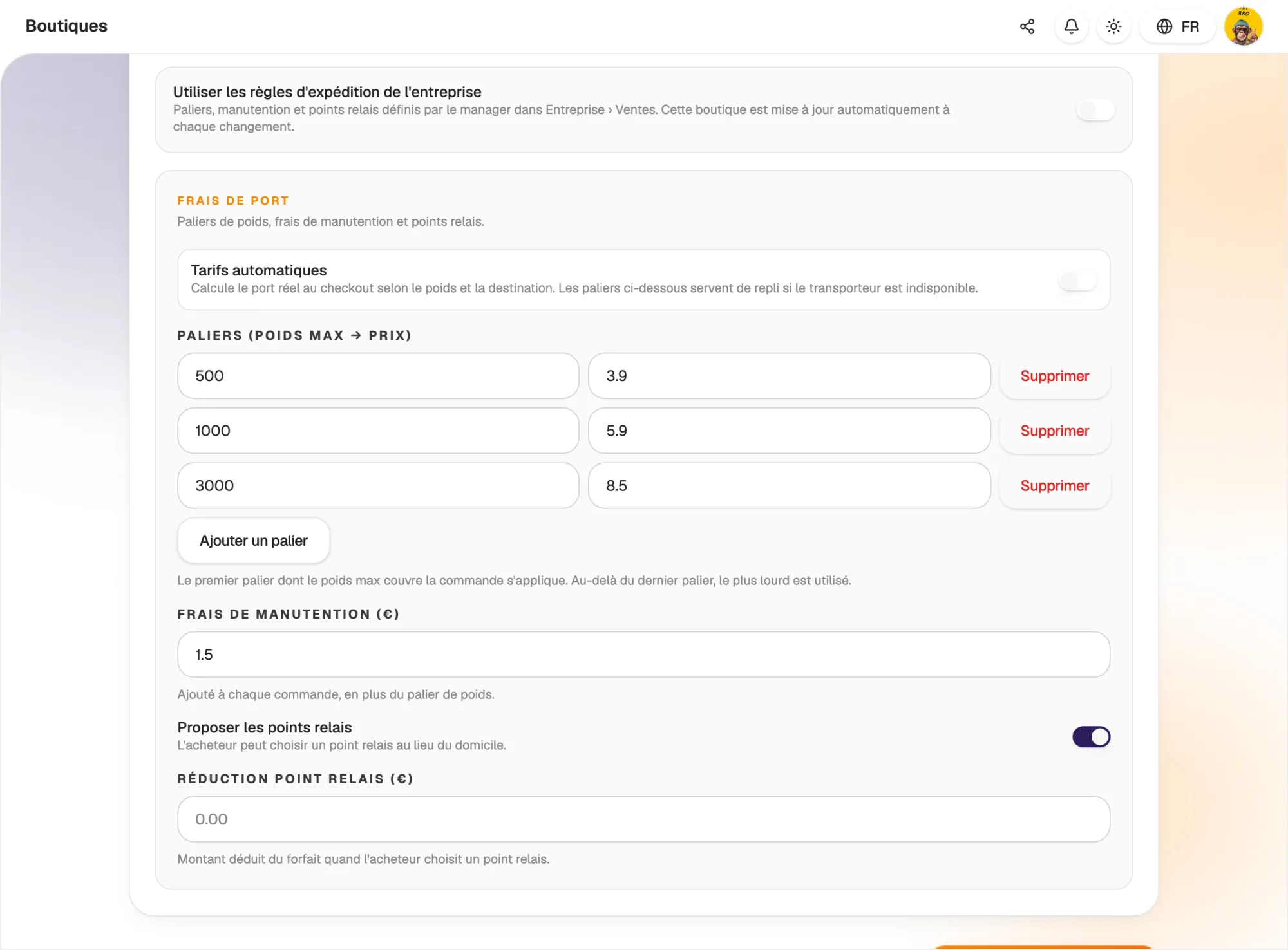 Shipping costs calculated by weight