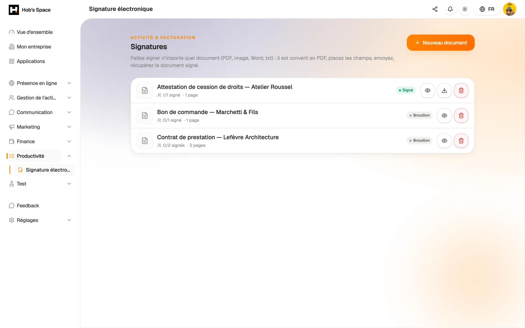 Your documents to sign, their signers and their status