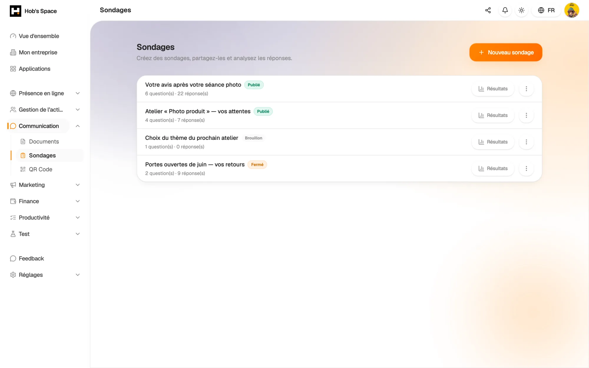 Your surveys, their status and the number of responses received